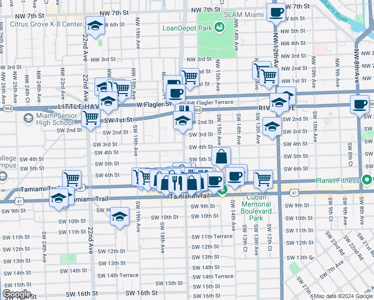 map of restaurants, bars, coffee shops, grocery stores, and more near 1707 Southwest 5th Street in Miami