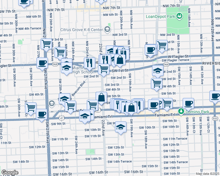 map of restaurants, bars, coffee shops, grocery stores, and more near 427 Southwest 21st Avenue in Miami
