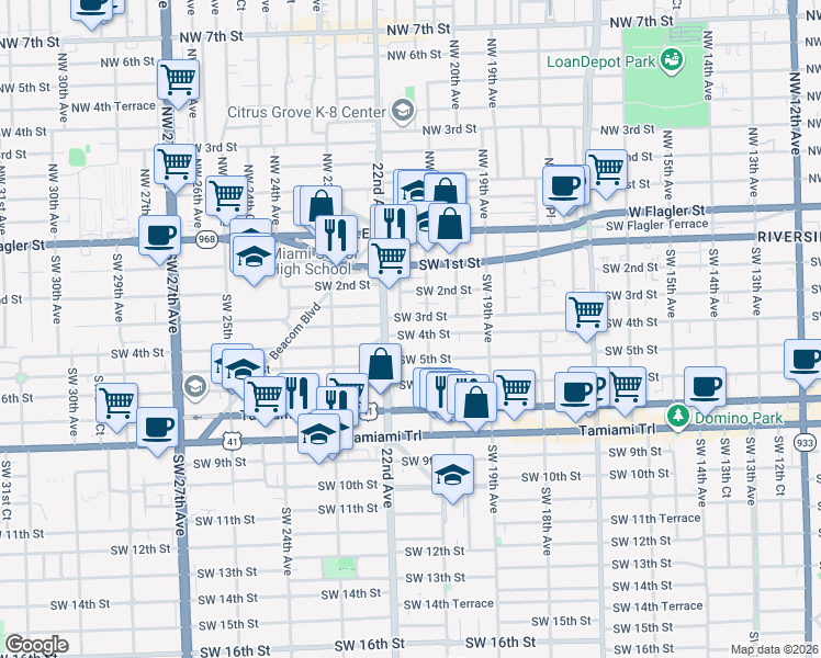 map of restaurants, bars, coffee shops, grocery stores, and more near 405-425 Southwest 22nd Court in Miami