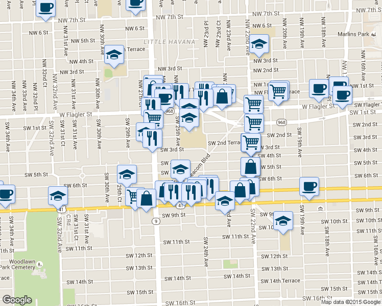 map of restaurants, bars, coffee shops, grocery stores, and more near 2484 Southwest 4th Street in Miami