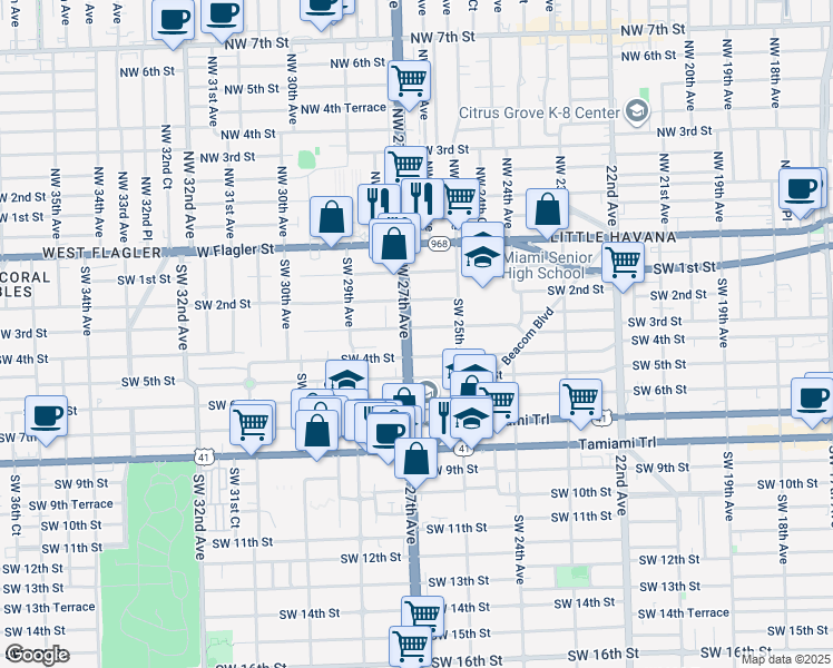 map of restaurants, bars, coffee shops, grocery stores, and more near 2607 Southwest 4th Street in Miami