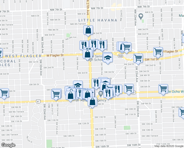map of restaurants, bars, coffee shops, grocery stores, and more near 2601 Southwest 4th Street in Miami