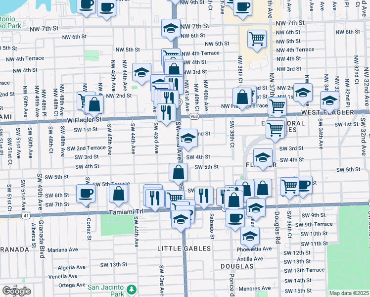 map of restaurants, bars, coffee shops, grocery stores, and more near 321 Southwest 42nd Avenue in Miami