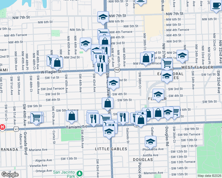 map of restaurants, bars, coffee shops, grocery stores, and more near 321 Southwest 42nd Avenue in Miami