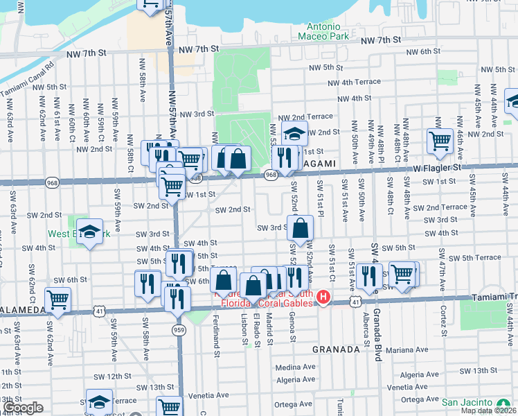 map of restaurants, bars, coffee shops, grocery stores, and more near 231 Southwest 54th Avenue in Coral Gables