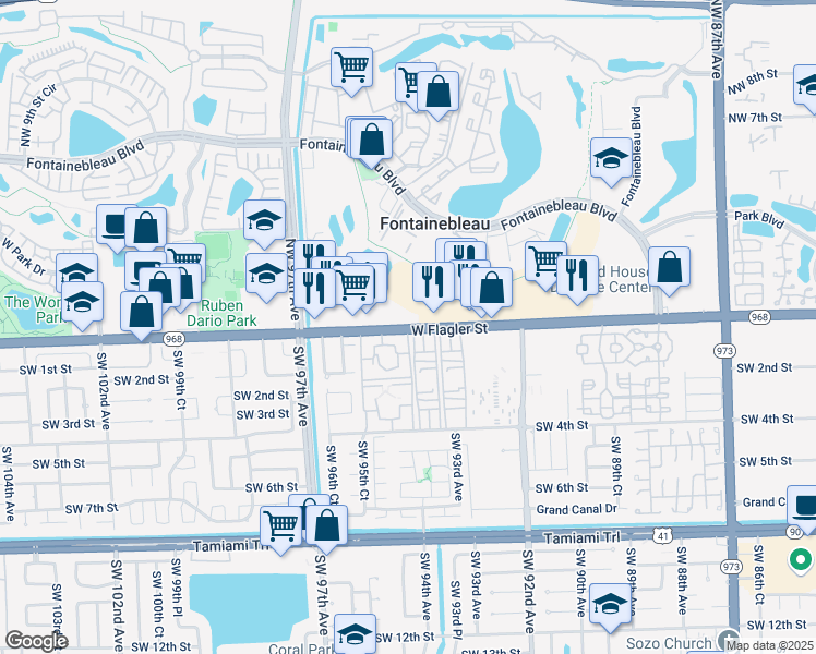 map of restaurants, bars, coffee shops, grocery stores, and more near 9400 Florida 968 in Miami