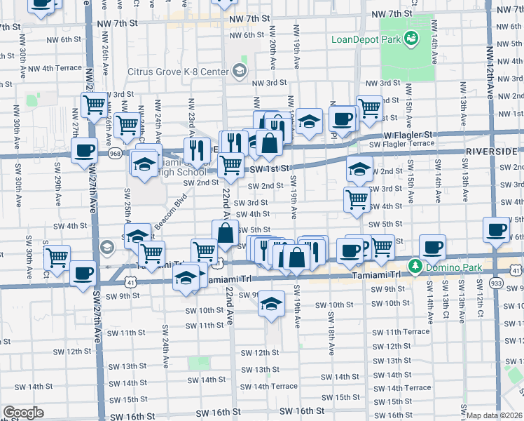 map of restaurants, bars, coffee shops, grocery stores, and more near 427 Southwest 21st Avenue in Miami