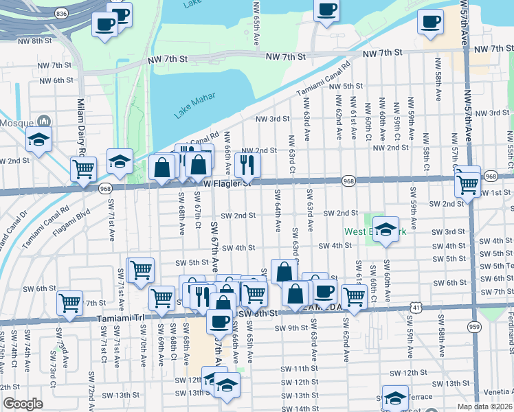 map of restaurants, bars, coffee shops, grocery stores, and more near 6440 Southwest 2nd Street in Miami