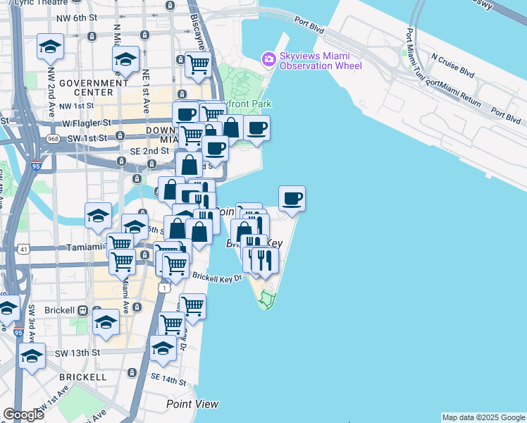 map of restaurants, bars, coffee shops, grocery stores, and more near 900 Brickell Key Boulevard in Miami