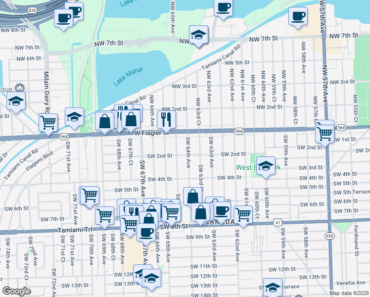 map of restaurants, bars, coffee shops, grocery stores, and more near 110 Southwest 64th Avenue in Miami