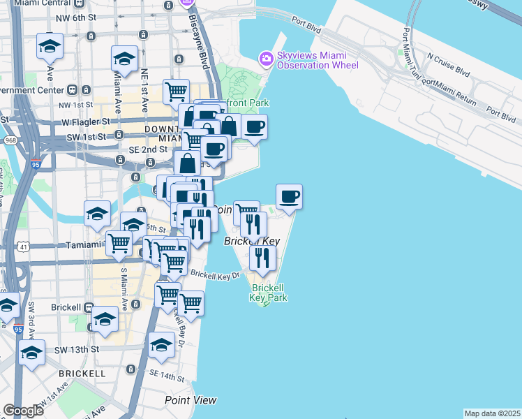 map of restaurants, bars, coffee shops, grocery stores, and more near 900 Brickell Key Boulevard in Miami