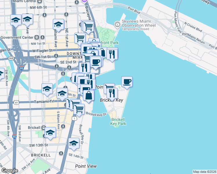 map of restaurants, bars, coffee shops, grocery stores, and more near 898 Brickell Key Boulevard in Miami