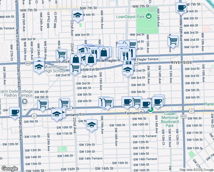 map of restaurants, bars, coffee shops, grocery stores, and more near 1853 Southwest 3rd Street in Miami