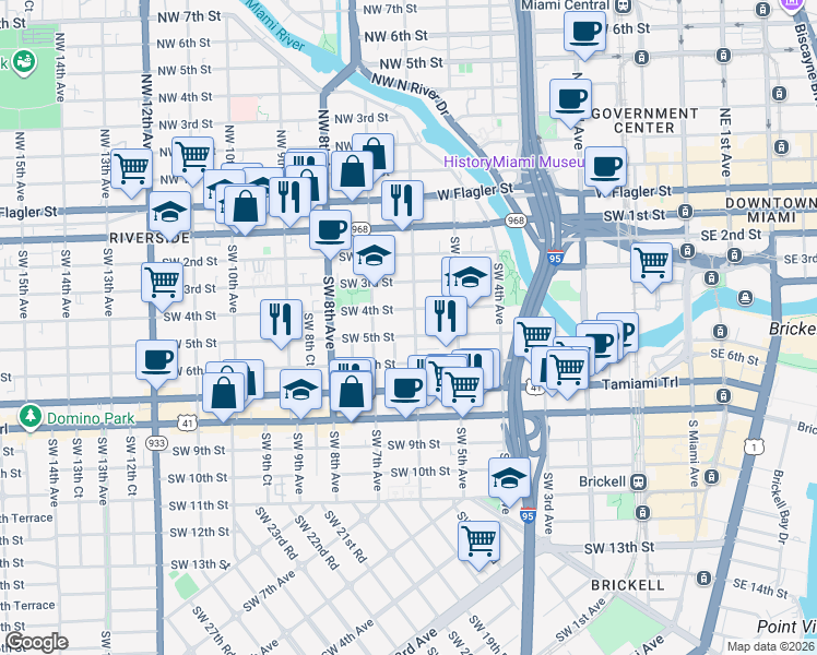 map of restaurants, bars, coffee shops, grocery stores, and more near 636 Southwest 4th Street in Miami