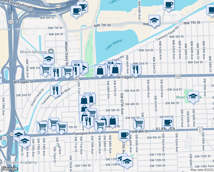 map of restaurants, bars, coffee shops, grocery stores, and more near 6886 West Flagler Street in Miami