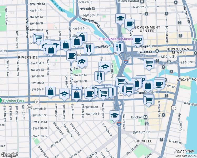 map of restaurants, bars, coffee shops, grocery stores, and more near 535 Southwest 4th Street in Miami