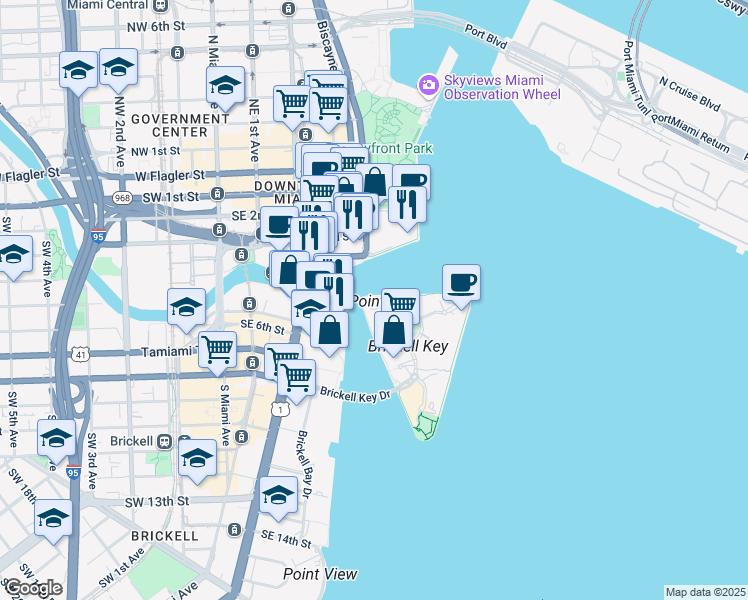 map of restaurants, bars, coffee shops, grocery stores, and more near 901 Brickell Key Boulevard in Miami