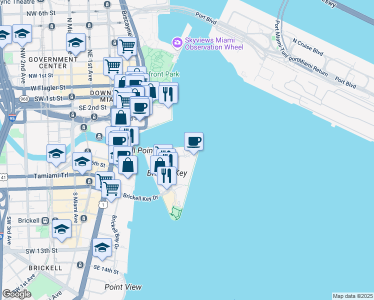 map of restaurants, bars, coffee shops, grocery stores, and more near Brickell Key Drive in Miami