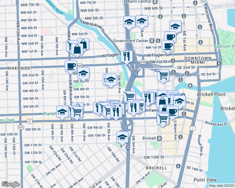 map of restaurants, bars, coffee shops, grocery stores, and more near 362 Southwest 4th Avenue in Miami