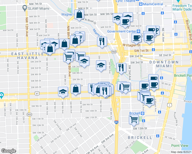 map of restaurants, bars, coffee shops, grocery stores, and more near 535 Southwest 4th Street in Miami