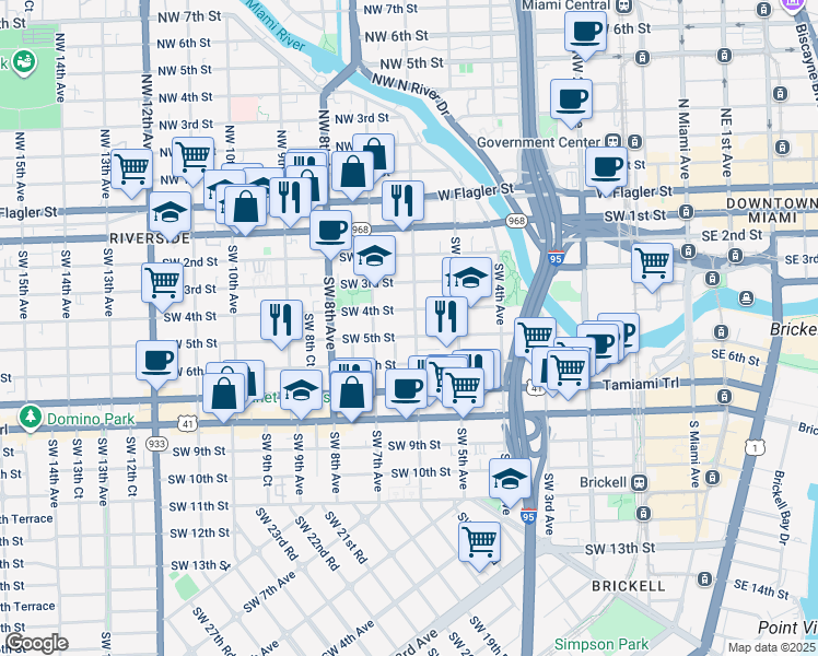 map of restaurants, bars, coffee shops, grocery stores, and more near 636 Southwest 4th Street in Miami