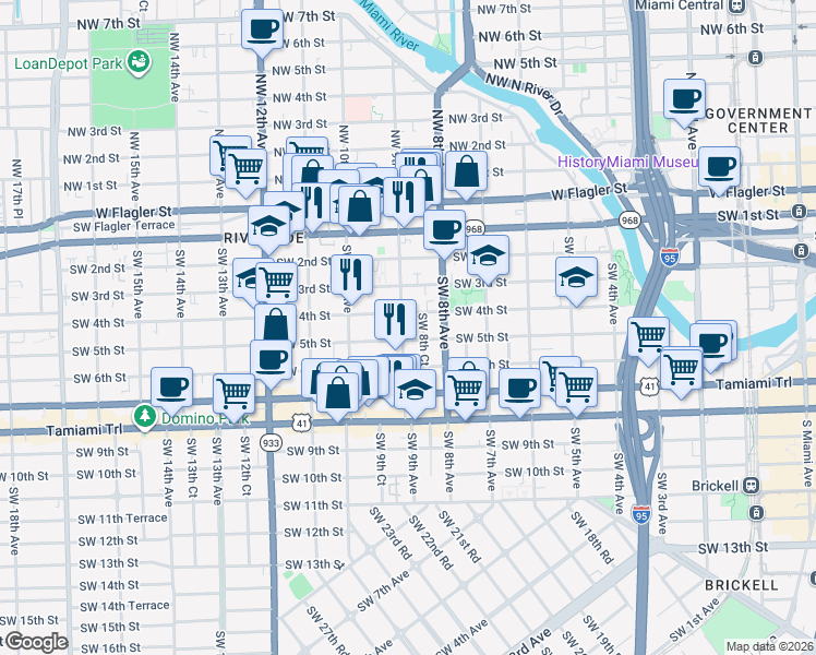 map of restaurants, bars, coffee shops, grocery stores, and more near 332 Southwest 9th Avenue in Miami