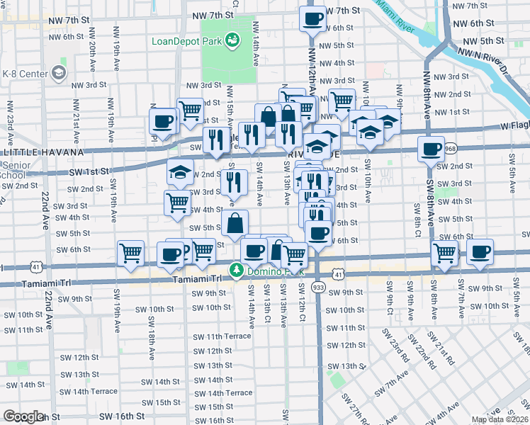 map of restaurants, bars, coffee shops, grocery stores, and more near 1326 Southwest 3rd Street in Miami