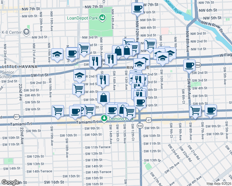 map of restaurants, bars, coffee shops, grocery stores, and more near 1326 Southwest 3rd Street in Miami