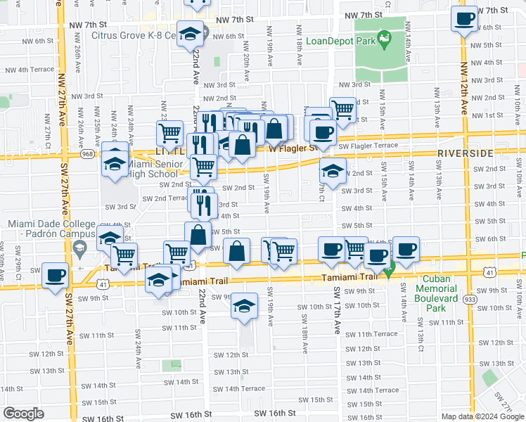 map of restaurants, bars, coffee shops, grocery stores, and more near 1925 Southwest 3rd Street in Miami