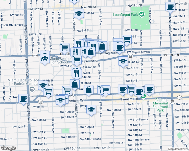 map of restaurants, bars, coffee shops, grocery stores, and more near 1925 Southwest 3rd Street in Miami