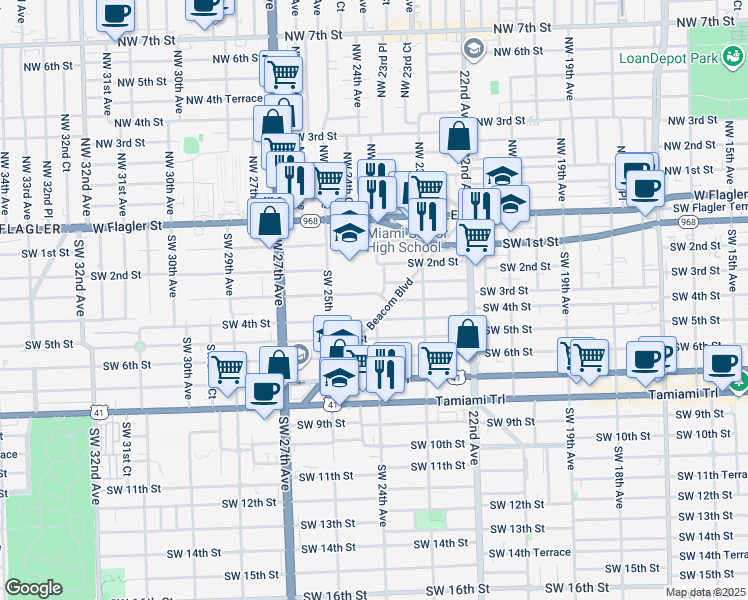 map of restaurants, bars, coffee shops, grocery stores, and more near 2450 Southwest 1st Street in Miami