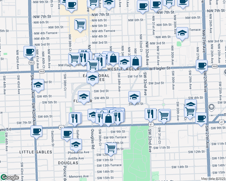 map of restaurants, bars, coffee shops, grocery stores, and more near 3400 Southwest 2nd Street in Miami