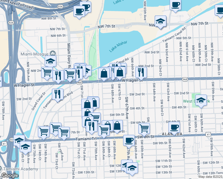 map of restaurants, bars, coffee shops, grocery stores, and more near 6886 West Flagler Street in Miami