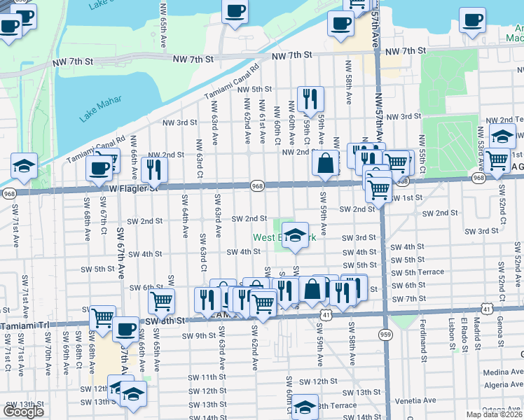map of restaurants, bars, coffee shops, grocery stores, and more near 55 Southwest 61st Avenue in Miami
