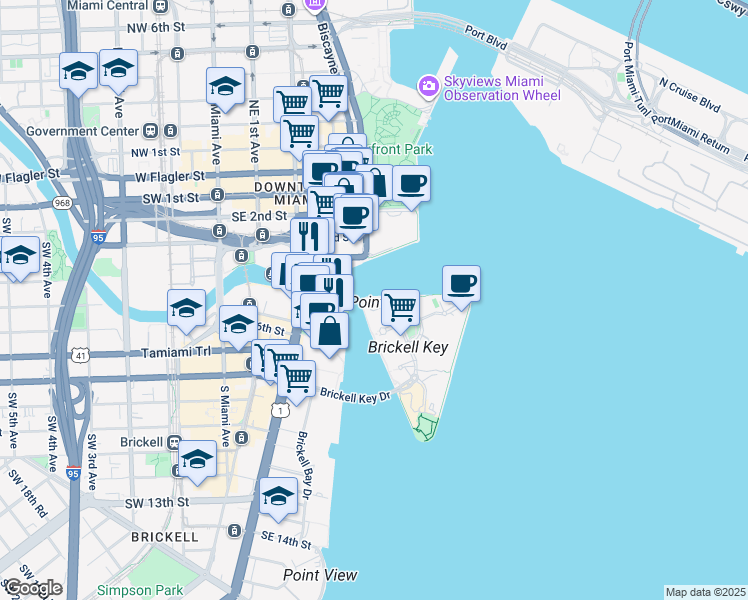 map of restaurants, bars, coffee shops, grocery stores, and more near 901 Brickell Key Boulevard in Miami