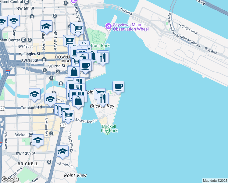 map of restaurants, bars, coffee shops, grocery stores, and more near Brickell Key Drive in Miami