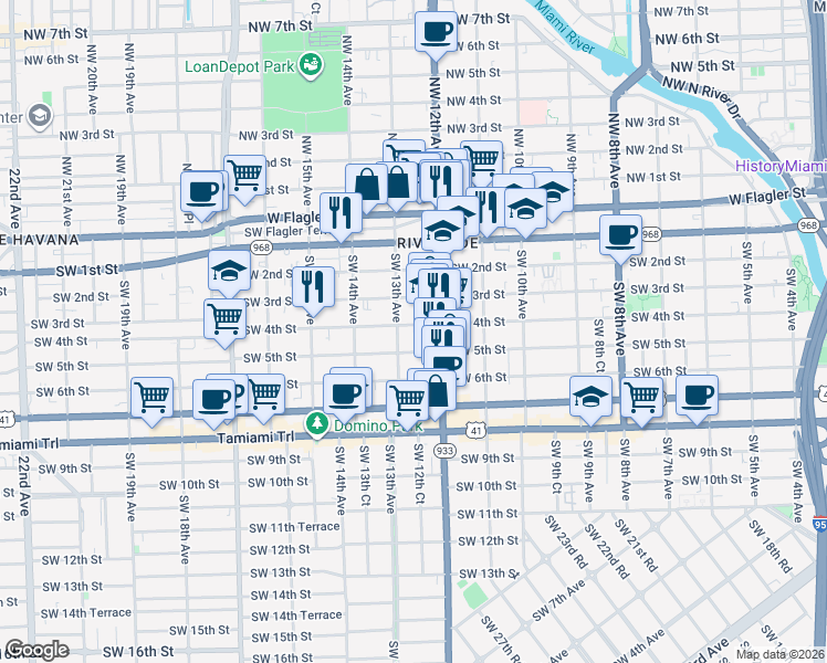 map of restaurants, bars, coffee shops, grocery stores, and more near 1247 Southwest 4th Street in Miami