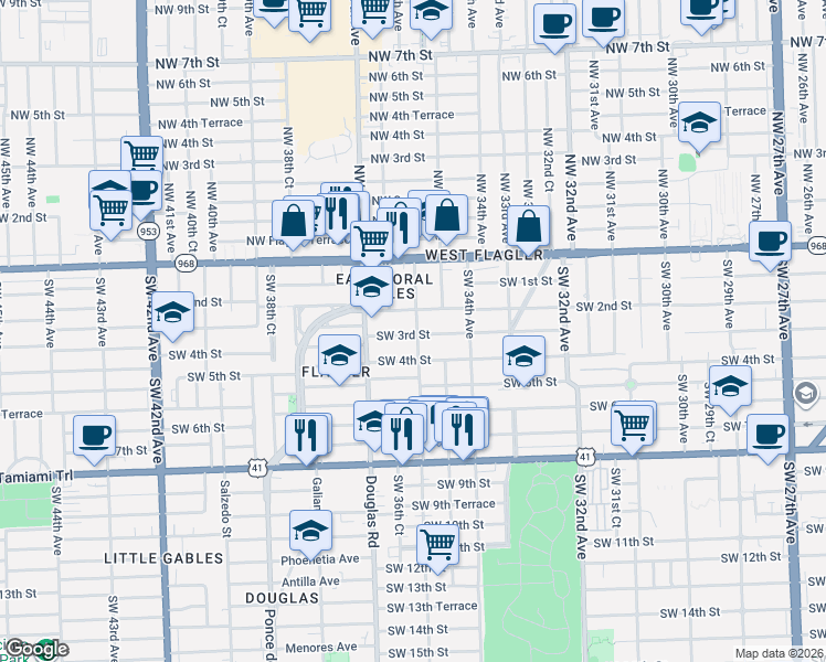 map of restaurants, bars, coffee shops, grocery stores, and more near 201 Southwest 36th Avenue in Miami