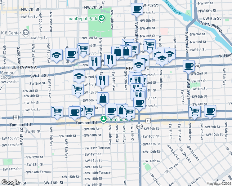 map of restaurants, bars, coffee shops, grocery stores, and more near 1326 Southwest 3rd Street in Miami