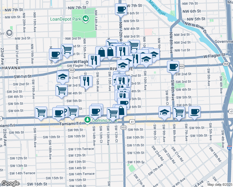 map of restaurants, bars, coffee shops, grocery stores, and more near 1247 Southwest 4th Street in Miami