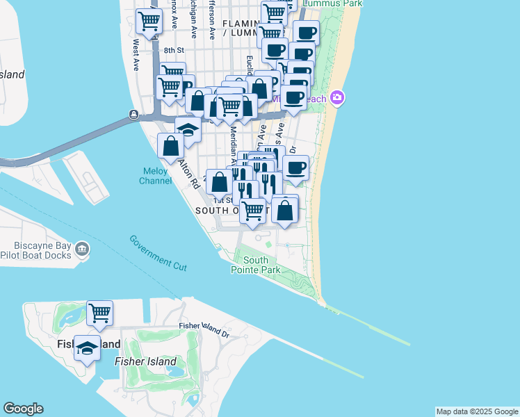 map of restaurants, bars, coffee shops, grocery stores, and more near 100 Collins Avenue in Miami Beach