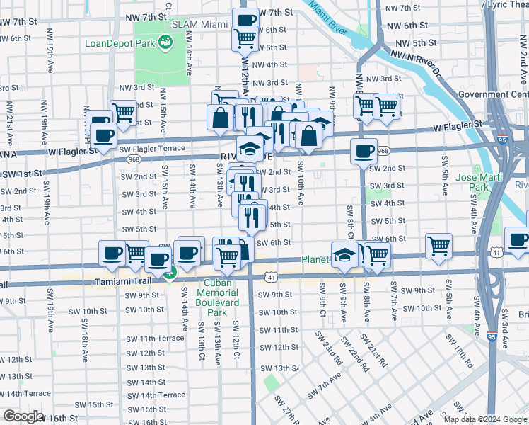 map of restaurants, bars, coffee shops, grocery stores, and more near 1147 Southwest 4th Street in Miami