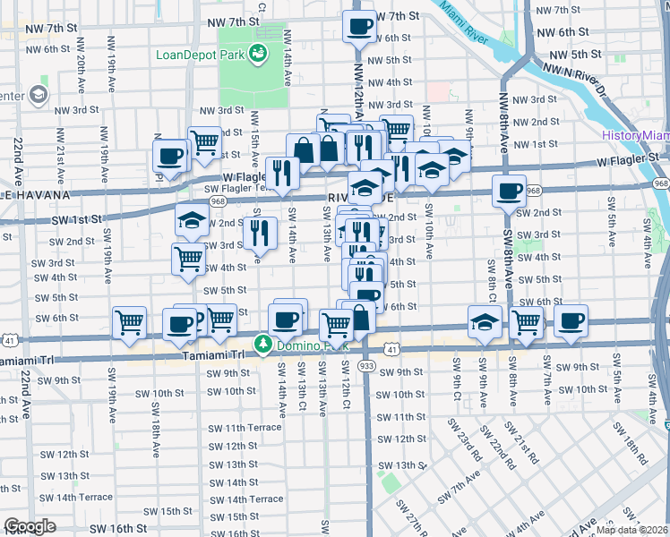 map of restaurants, bars, coffee shops, grocery stores, and more near 1247 Southwest 4th Street in Miami