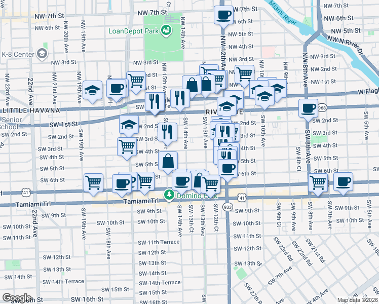map of restaurants, bars, coffee shops, grocery stores, and more near 1326 Southwest 3rd Street in Miami