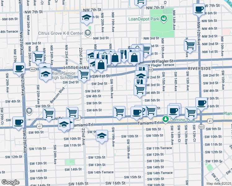 map of restaurants, bars, coffee shops, grocery stores, and more near 1853 Southwest 3rd Street in Miami