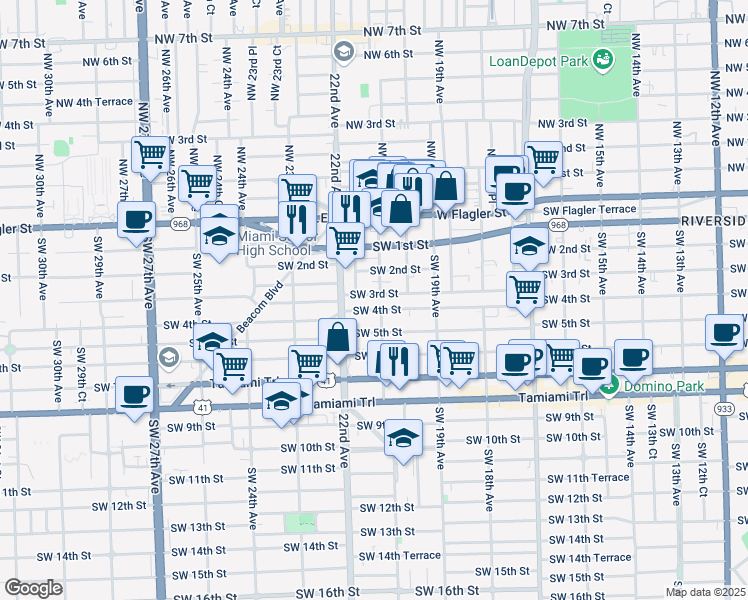 map of restaurants, bars, coffee shops, grocery stores, and more near 231 Southwest 21st Avenue in Miami