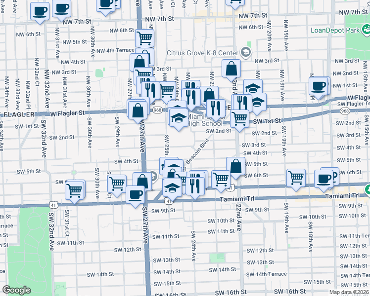 map of restaurants, bars, coffee shops, grocery stores, and more near 2450 Southwest 1st Street in Miami