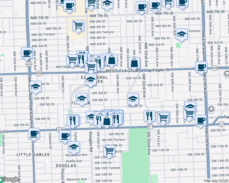 map of restaurants, bars, coffee shops, grocery stores, and more near 3400 Southwest 2nd Street in Miami