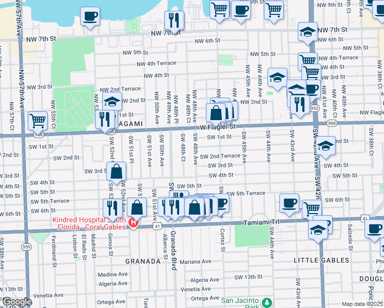 map of restaurants, bars, coffee shops, grocery stores, and more near 148 Southwest 48th Avenue in Coral Gables