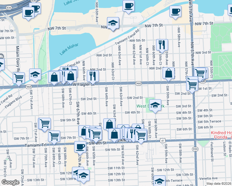 map of restaurants, bars, coffee shops, grocery stores, and more near 32 Southwest 63rd Court in Miami